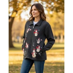 Studio Works Women's Gray 100% Wool Snowman X-Mas Embroidered Zip Up  sweater L‎